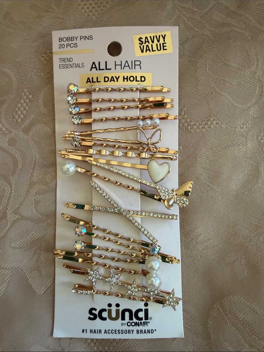 scunci Gold Decorative Bobby Pin Set with Pearls, Crystals & Heart